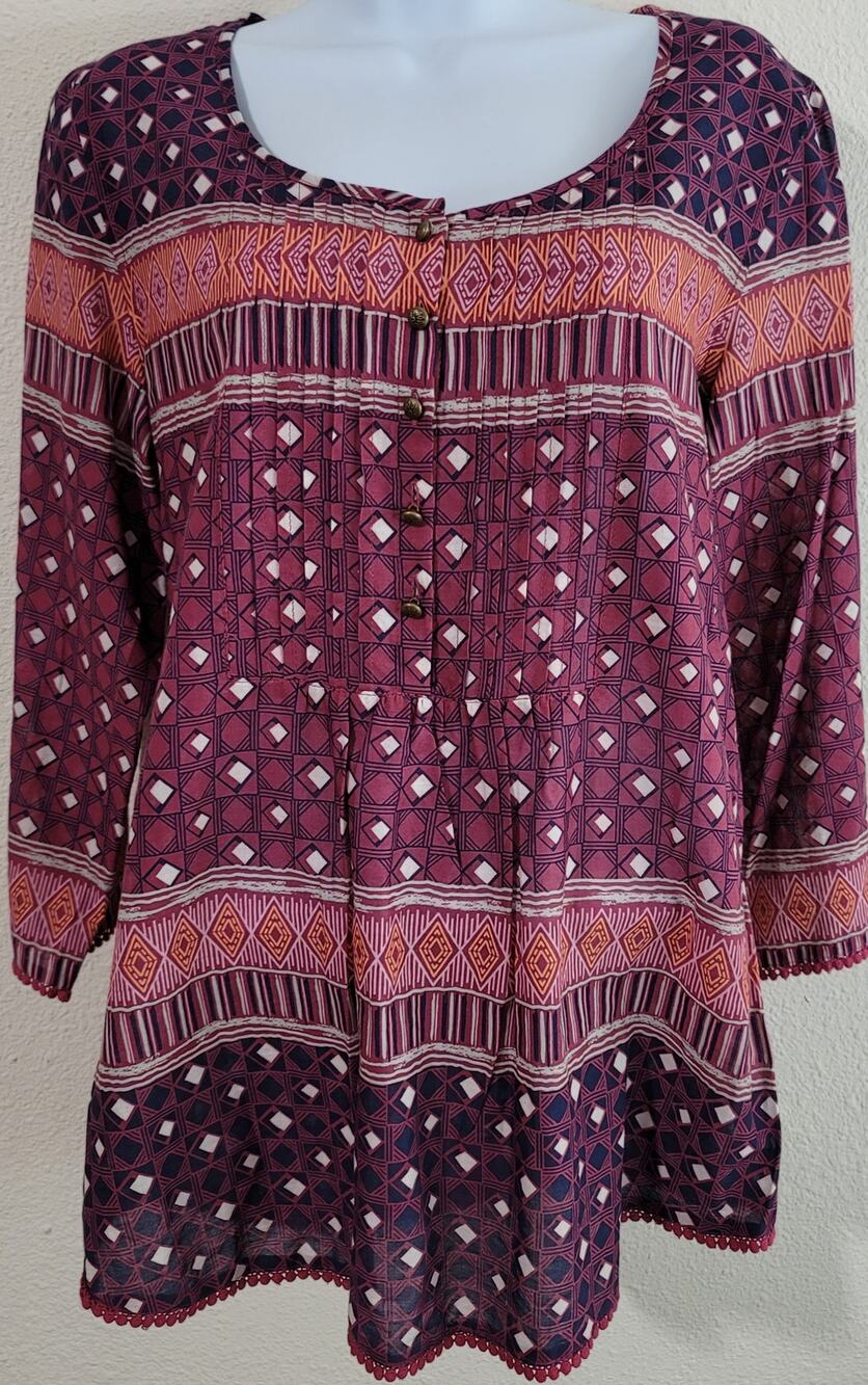 Bob Timberlake Purple Blue Geo Print Pleated Front Tunic Top Large 3/4 Sleeves